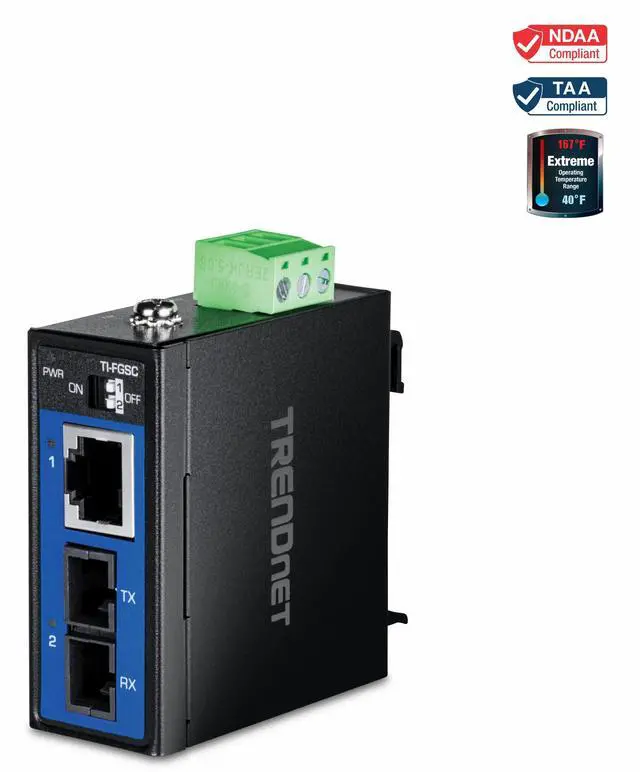 Main image of TRENDnet Hardened Industrial 1000BASE-LX Multi-Mode SC Fiber Media Converter (1km, 0.62mi.), TI-FGSC, 1 x Gigabit RJ45 Port, 1 x SC-Type Interface Port, NDAA TAA Compliant