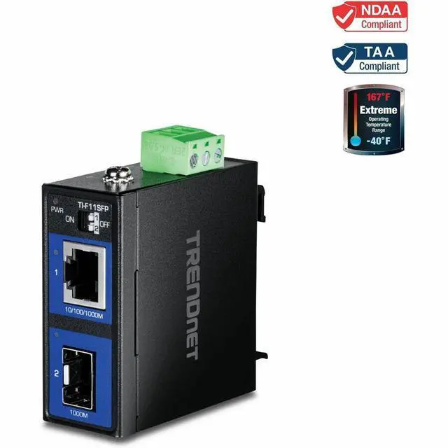 Main image of TRENDnet Industrial 100/1000Base-T to SFP Media Converter, TI-F11SFP, IP50 Rated, NDAA TAA Compliant, 1 x Gigabit Ethernet Port,  1 x SFP Port, DIP Switches Control Link Fault Pass Through
