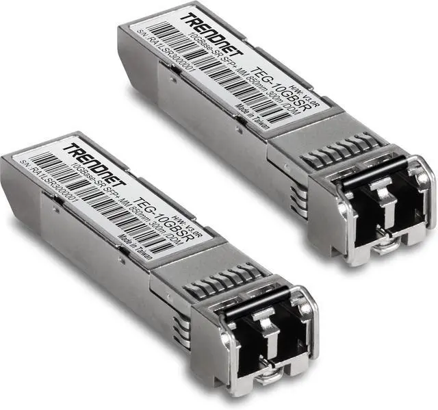 Main image of TRENDnet 2-Pack 10GBASE-SR SFP+ Multi Mode LC Modules, TEG 10GBSR/2, Supports Distances up to 300m (984 feet), Hot Pluggable Fiber SFP+ Transceiver, 850nm Wavelength, Lifetime Protection, Silver