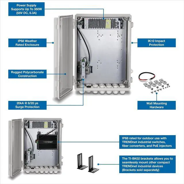 Alt view image 2 of 7 - TRENDnet Outdoor IP68 Weatherproof Enclosure with 350W Power  Supply, TI-CA4K, IK10 Impact Protection, Power Supply Supports up to  350W (55V DC, 6.3A), 20kA @ 8/20 s Surge Protection