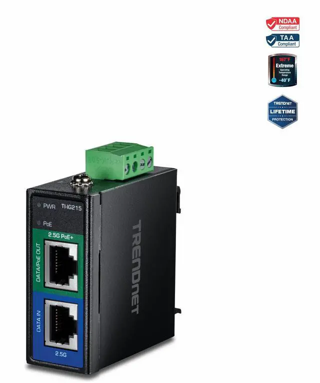 Main image of TRENDnet Industrial 2.5G PoE++ Injector, TI-IG219, IP50 Rated Design, Connect Network  Devices Up to 100m (328 ft), Supports PoE (15.4W), PoE+ (30W), and PoE++ (95W)  Devices, NDAA TAA Compliant
