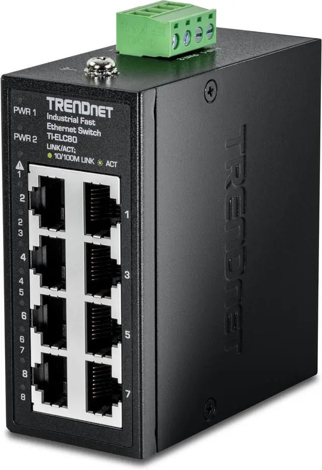 Main image of TRENDnet 8-Port Industrial Fast Ethernet DIN-Rail Mini Switch, TI-ELC80, 8 x 10/100Mbps Ports, IP50 Rated Housing, 1.6Gbps Switching Capacity