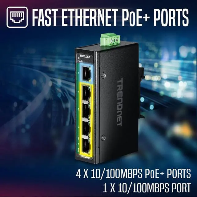 Alt view image 3 of 7 - TRENDnet 5-Port Industrial Fast Ethernet PoE+ DIN-Rail Mini Switch, TI-PELC50, NDAA + TAA Compliant, 4 x 10/100Mbps PoE+ Ports, 1 x 10/100Mbps Port, 90W PoE+ Power Budget
