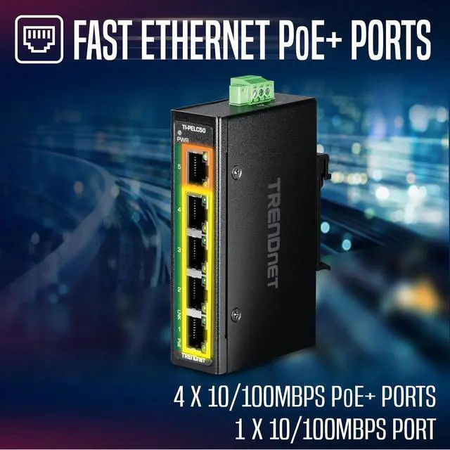 Alt view image 4 of 7 - TRENDnet 5-Port Industrial Fast Ethernet PoE+ DIN-Rail Mini Switch, TI-PELC50, NDAA + TAA Compliant, 4 x 10/100Mbps PoE+ Ports, 1 x 10/100Mbps Port, 90W PoE+ Power Budget