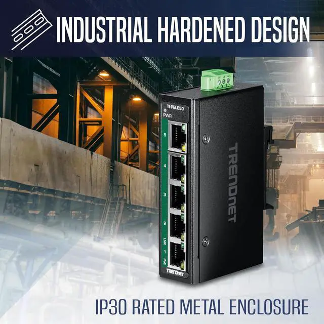 Alt view image 5 of 7 - TRENDnet 5-Port Industrial Fast Ethernet PoE+ DIN-Rail Mini Switch, TI-PELC50, NDAA + TAA Compliant, 4 x 10/100Mbps PoE+ Ports, 1 x 10/100Mbps Port, 90W PoE+ Power Budget