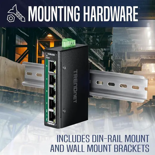 Alt view image 7 of 7 - TRENDnet 5-Port Industrial Fast Ethernet PoE+ DIN-Rail Mini Switch, TI-PELC50, NDAA + TAA Compliant, 4 x 10/100Mbps PoE+ Ports, 1 x 10/100Mbps Port, 90W PoE+ Power Budget