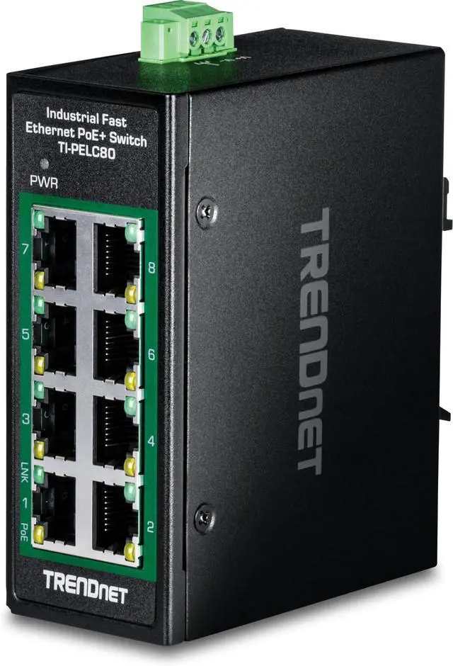 Main image of TRENDnet 8-Port Industrial Fast Ethernet PoE+ DIN-Rail Mini Switch, TI-PELC80, NDAA + TAA Compliant, 8 x 10/100Mbps PoE+ Ports, 200W PoE+ Power Budget, 1.6Gbps Switching Capacity