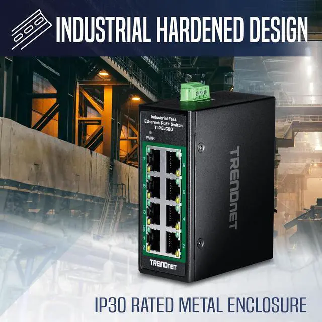 Alt view image 4 of 7 - TRENDnet 8-Port Industrial Fast Ethernet PoE+ DIN-Rail Mini Switch, TI-PELC80, NDAA + TAA Compliant, 8 x 10/100Mbps PoE+ Ports, 200W PoE+ Power Budget, 1.6Gbps Switching Capacity