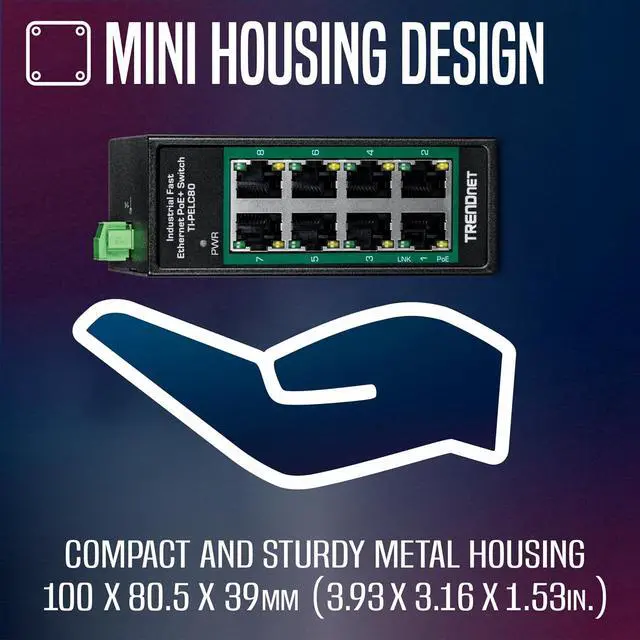 Alt view image 5 of 7 - TRENDnet 8-Port Industrial Fast Ethernet PoE+ DIN-Rail Mini Switch, TI-PELC80, NDAA + TAA Compliant, 8 x 10/100Mbps PoE+ Ports, 200W PoE+ Power Budget, 1.6Gbps Switching Capacity
