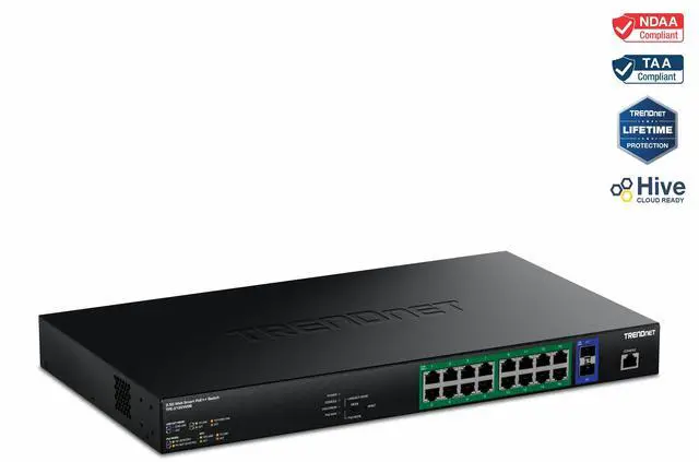 Main image of TRENDnet 18-Port 2.5G PoE++ Web Smart Switch with 10G SFP+ Slots, TPE-3182WSB, NDAA & TAA Compliant, 450W Power Budget, Remote Cloud Management, 16 x 2.5Gb Ports, 2 x 10G SFP+, Lifetime Protection
