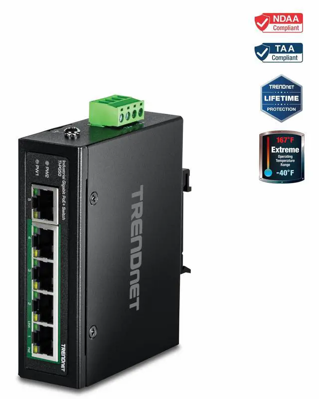 Main image of TRENDnet 5-Port Industrial Gigabit PoE+ DIN-Rail Switch, TI-PG50, 4 x Gigabit PoE+  Ports, 1 x Gigabit Port, 120W PoE Power Budget, 10Gbps Switching Capacity, NDAA TAA  Compliant, Lifetime Protection