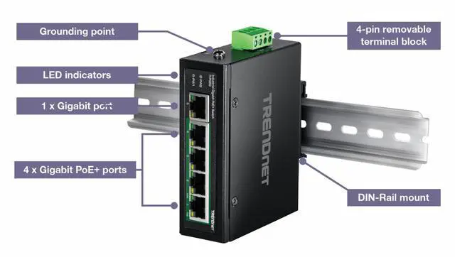 Alt view image 6 of 7 - TRENDnet 5-Port Industrial Gigabit PoE+ DIN-Rail Switch, TI-PG50, 4 x Gigabit PoE+  Ports, 1 x Gigabit Port, 120W PoE Power Budget, 10Gbps Switching Capacity, NDAA TAA  Compliant, Lifetime Protection