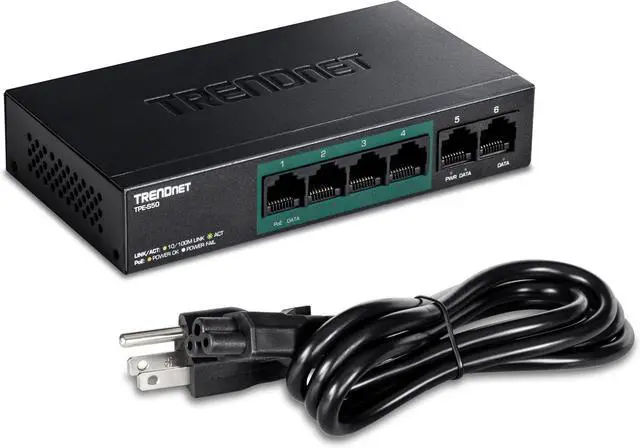 Alt view image 4 of 6 - TRENDnet 6-Port Fast Ethernet PoE+ Switch, 4 x Fast Ethernet PoE Ports, 2 x Fast Ethernet Ports, 60W PoE Budget, 1.2 Gbps Switch Capacity, Metal, Lifetime Protection, Black, TPE-S50