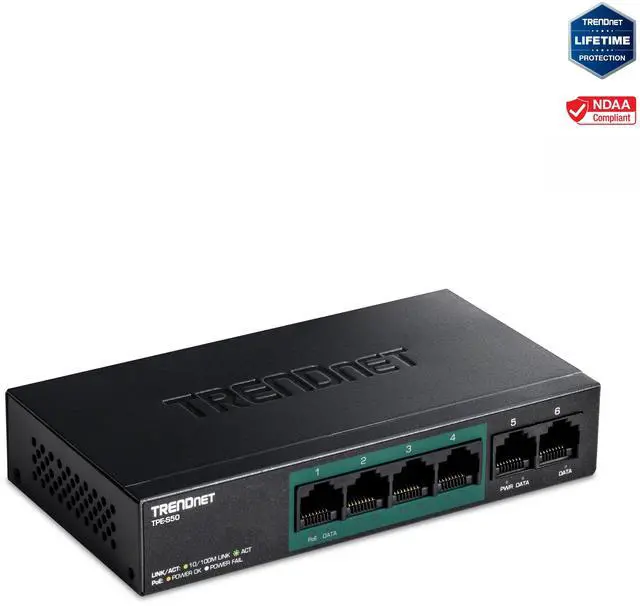Main image of TRENDnet 6-Port Fast Ethernet PoE+ Switch, 4 x Fast Ethernet PoE Ports, 2 x Fast Ethernet Ports, 60W PoE Budget, 1.2 Gbps Switch Capacity, Metal, Lifetime Protection, Black, TPE-S50
