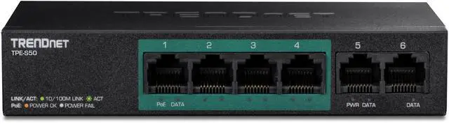 Alt view image 6 of 6 - TRENDnet 6-Port Fast Ethernet PoE+ Switch, 4 x Fast Ethernet PoE Ports, 2 x Fast Ethernet Ports, 60W PoE Budget, 1.2 Gbps Switch Capacity, Metal, Lifetime Protection, Black, TPE-S50