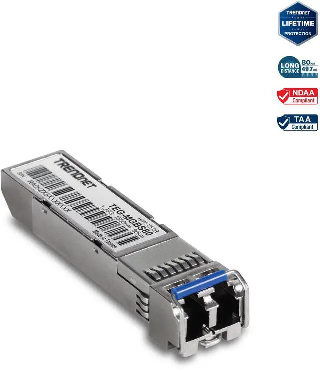 Main image of TRENDnet SFP to RJ45 Mini-GBIC Single-Mode LC Module, TEG-MGBS80, Mini-GBIC Module for Single Mode Fiber, LC Connector Type, Up to 80 Km (49.7 Miles), 1.25Gbps Gigabit Ethernet, Lifetime Protection
