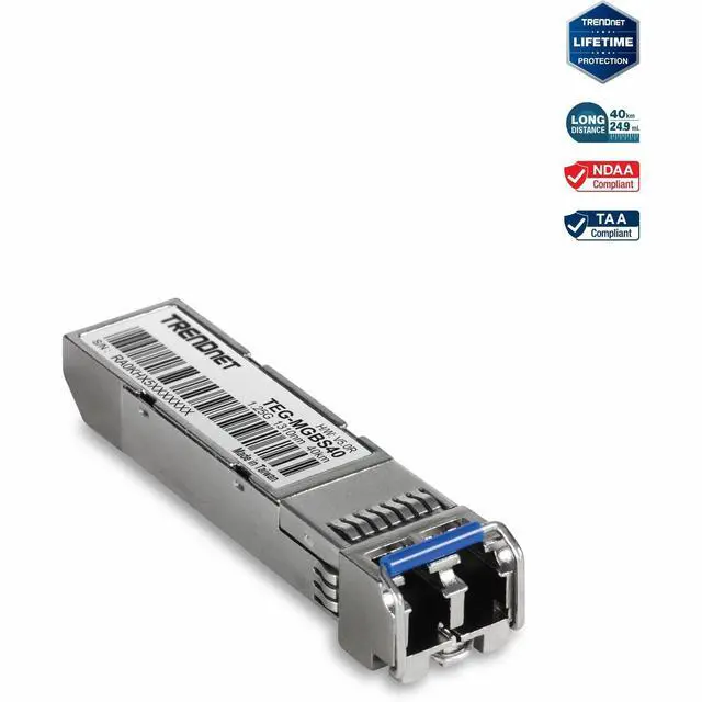 Main image of TRENDnet SFP to RJ45 Mini-GBIC Single Mode LC Module, TEG-MGBS40, Up to 40 km, Single-mode Fiber, LC Connector-Type, Connect with a Standard Mini-GBIC Slot, Duplex LC Connector, Lifetime Protection