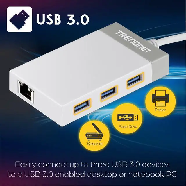 Alt view image 7 of 7 - TRENDnet 3-Port USB 3.0 Hub, TU3-ETGH3, Compact USB to Ethernet Adapter, 3 x USB 3.0 Ports, 1 x RJ-45 Gigabit Ethernet Port, Supports XP, Vista, Windows, Mac OS 10.6-10.9, Nintendo Switch, White