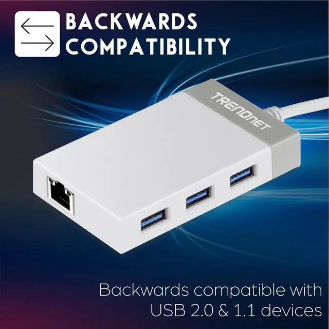 Alt view image 3 of 7 - TRENDnet 3-Port USB 3.0 Hub, TU3-ETGH3, Compact USB to Ethernet Adapter, 3 x USB 3.0 Ports, 1 x RJ-45 Gigabit Ethernet Port, Supports XP, Vista, Windows, Mac OS 10.6-10.9, Nintendo Switch, White