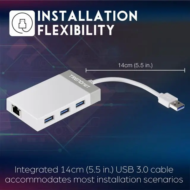 Alt view image 4 of 7 - TRENDnet 3-Port USB 3.0 Hub, TU3-ETGH3, Compact USB to Ethernet Adapter, 3 x USB 3.0 Ports, 1 x RJ-45 Gigabit Ethernet Port, Supports XP, Vista, Windows, Mac OS 10.6-10.9, Nintendo Switch, White
