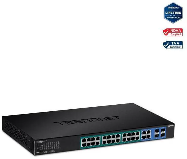 Main image of TRENDnet 28-Port Gigabit Web Smart PoE+ Switch, 24 x Gigabit Ports, 4 x Shared Gigabit Ports (RJ-45 or SFP), 185W PoE Budget, 56Gbps Switching Capacity, Lifetime Protection, Black, TPE-2840WS