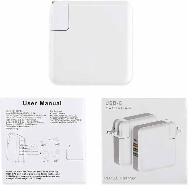 Alt view image 5 of 7 - USB C Power Adapter Charger 61W 4-Port USB Type C Wall Charger Station with Power Delivery Port for Apple MacBook, iPhone X 8 Plus and 3 Power iSmart Ports for iPhone, iPad and More