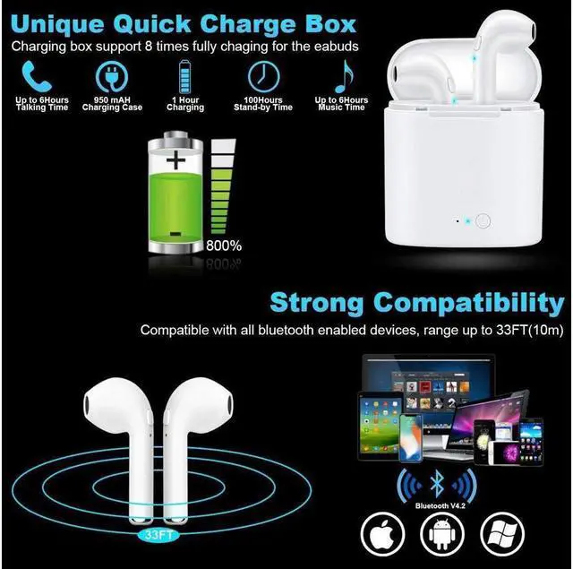 Alt view image 3 of 7 - Wireless Earbuds Bluetooth Headphones Stereo Earphone Built-In Mic with Charging Case Cordless Sport Headsets for AirPods iPhone X 8 7 plus 6 6s plus Android Samsung Galaxy