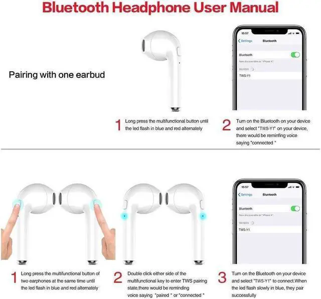 Alt view image 7 of 7 - Wireless Earbuds Bluetooth Headphones Stereo Earphone Built-In Mic with Charging Case Cordless Sport Headsets for AirPods iPhone X 8 7 plus 6 6s plus Android Samsung Galaxy