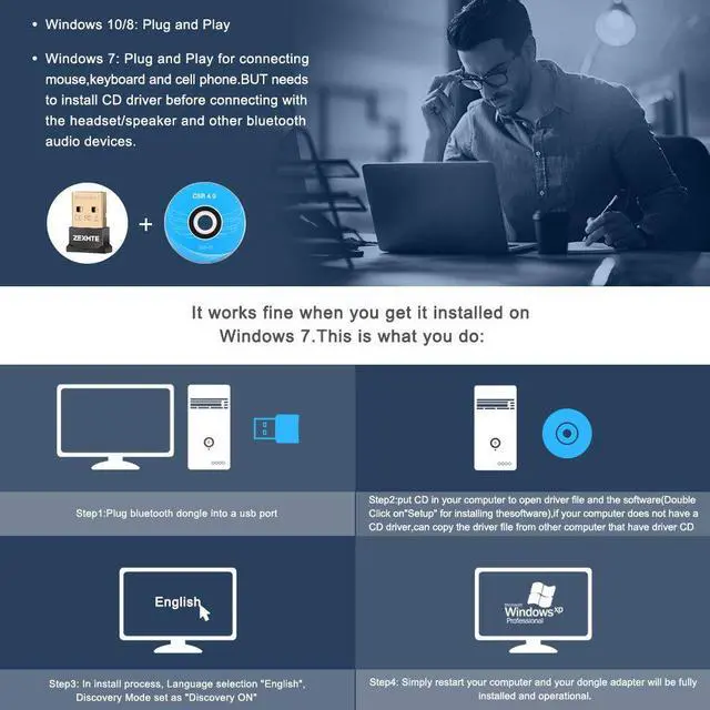 Alt view image 4 of 7 - Bluetooth USB Adapter CSR 4.0 USB Dongle Bluetooth Receiver Transfer Wireless Adapter for Laptop PC Support Windows 10/8/7/Vista/XP Mouse and Keyboard Headset