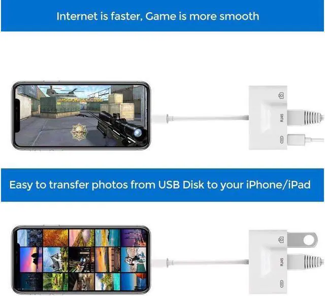 Alt view image 4 of 7 - Lightning to RJ45 Ethernet LAN Wired Network Adapter iPhone Ethernet Adapter Lightning to USB Camera Reader Adapter Charging Data Sync OTG Adapter for iPhone iPad Compatible With iOS 10.0 or Up