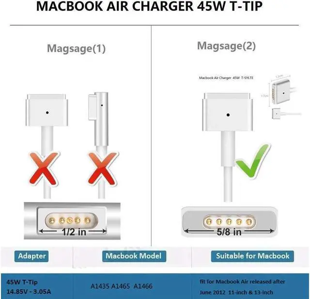 Alt view image 5 of 7 - Macbook Air Charger 45W MagSafe 2 Power Adapter Magnetic T-Tip AC Charger for Macbook Air 11 Inch and Macbook 13-inch