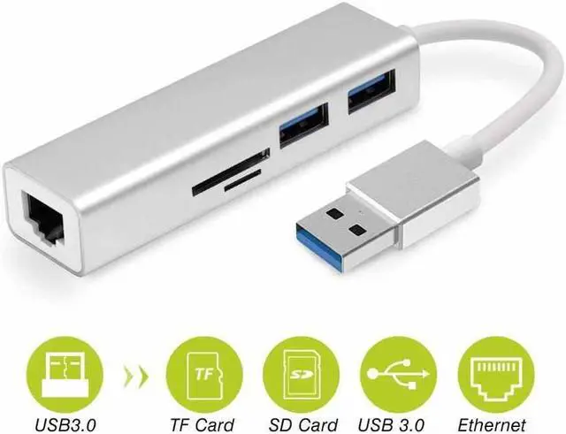 Main image of USB Hub, 5 in 1 USB 3.0 to Ethernet Hub Adapter, USB 3.0 Adapter with SD/TF Card Reader, RJ45 Gigabit Network, 2 USB 3.0 Ports for Macbook Surface Pro Chromebook, Support Mac OS Windows Linux