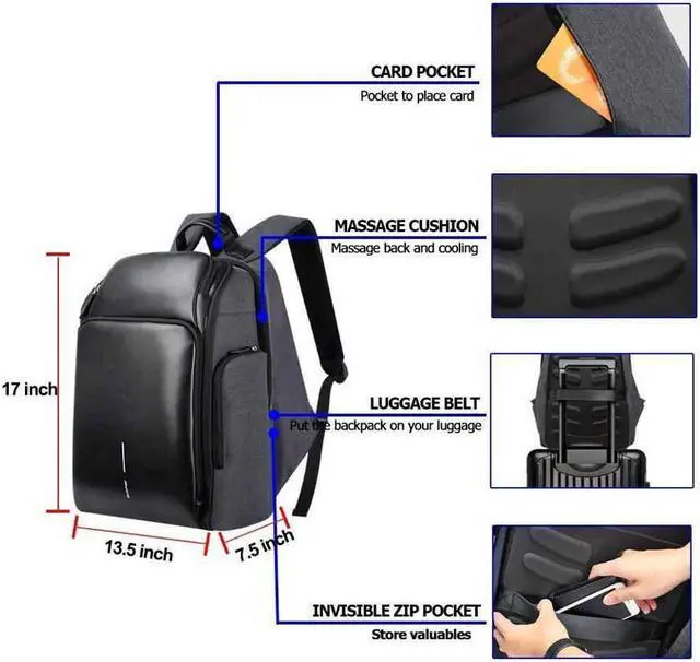 Alt view image 2 of 7 - Bopai Business 15.6 inch Laptop Backpack Invisible Water Bottle Pocket Anti-theft Laptop Rucksack woth USB Charging Port and Anti-explosion Zipper Water Resistant Travel Anti-thief Men Backpack Black