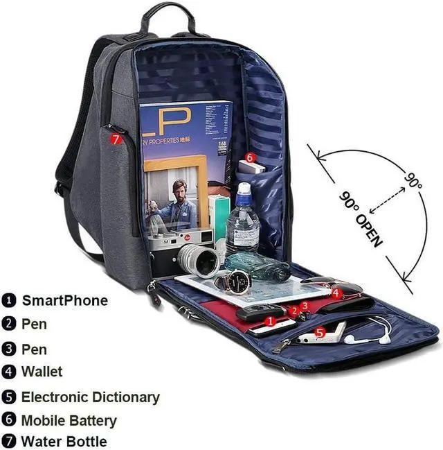 Alt view image 5 of 7 - Bopai Business 15.6 inch Laptop Backpack Invisible Water Bottle Pocket Anti-theft Laptop Rucksack woth USB Charging Port and Anti-explosion Zipper Water Resistant Travel Anti-thief Men Backpack Black