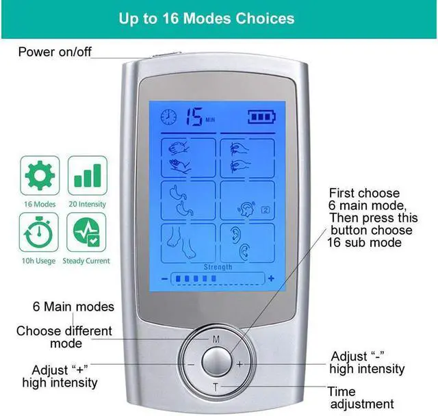 Alt view image 2 of 7 - Rechargeable ens Unit FDA Cleared 16 Modes Electric Muscle Stimulator TENS EMS Machine with 8 Pads Pain Relief Body Back Pulse Massager