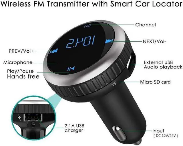 Alt view image 3 of 7 - Bluetooth FM Transmitter Car Charger with Smart Locator 5V 2.1A USB Charging Port Wireless In-Car Radio Adapter Car Kit MP3 Player Hands-free Call for iPhone Samsung Smartphone Silver