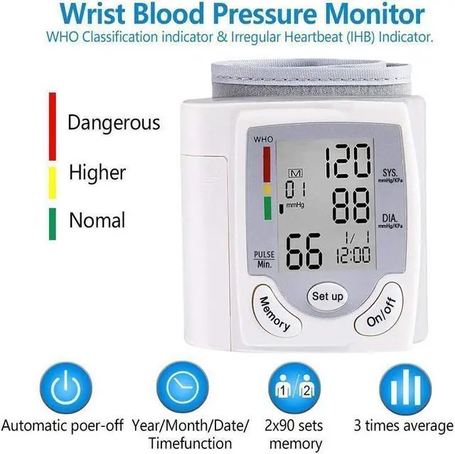 Alt view image 2 of 7 - Wrist Blood Pressure Monitor, Digital BP Monitor with Memory Storage, Intelligent LCD Display Automatically Measure Pulse Diastolic Systolic and Shows Hypertension level