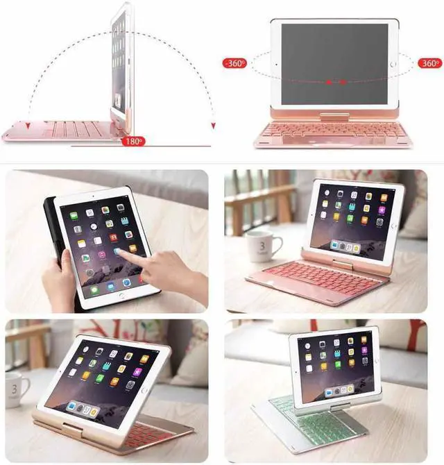 Alt view image 5 of 7 - Aluminum iPad 9.7 Keyboard Case for iPad 2018 (6th Gen) / 2017(5th Gen) / iPad Pro 9.7 / Air 2 / Air Werleo 360 Rotate 7 Color Backlit Wireless Bluetooth Keyboard Case Cover with Auto Wake / Sleep