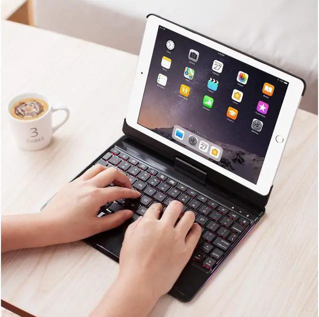Alt view image 6 of 7 - Aluminum iPad 9.7 Keyboard Case for iPad 2018 (6th Gen) / 2017(5th Gen) / iPad Pro 9.7 / Air 2 / Air Werleo 360 Rotate 7 Color Backlit Wireless Bluetooth Keyboard Case Cover with Auto Wake / Sleep