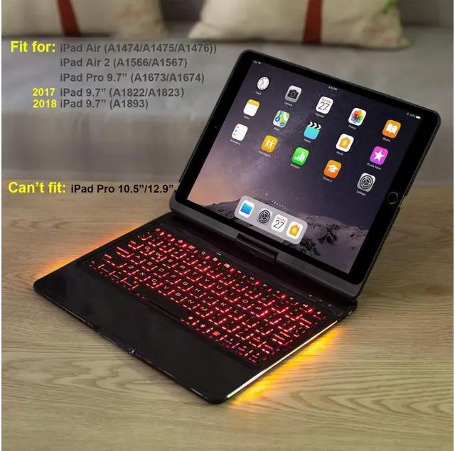 Alt view image 3 of 7 - Aluminum iPad 9.7 Keyboard Case for iPad 2018 (6th Gen) / 2017(5th Gen) / iPad Pro 9.7 / Air 2 / Air Werleo 360 Rotate 7 Color Backlit Wireless Bluetooth Keyboard Case Cover with Auto Wake / Sleep
