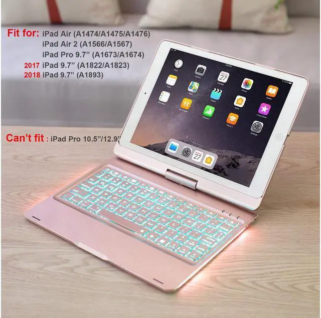 Alt view image 4 of 7 - Aluminum iPad 9.7 Keyboard Case for iPad 2018 (6th Gen) / 2017(5th Gen) / iPad Pro 9.7 / Air 2 / Air Werleo 360 Rotate 7 Color Backlit Wireless Bluetooth Keyboard Case Cover with Auto Wake / Sleep