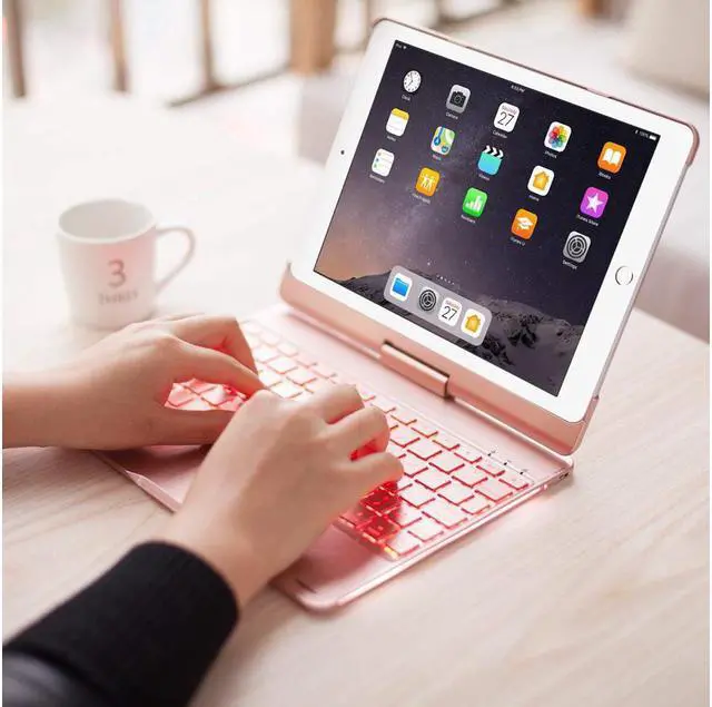 Alt view image 5 of 7 - Aluminum iPad 9.7 Keyboard Case for iPad 2018 (6th Gen) / 2017(5th Gen) / iPad Pro 9.7 / Air 2 / Air Werleo 360 Rotate 7 Color Backlit Wireless Bluetooth Keyboard Case Cover with Auto Wake / Sleep