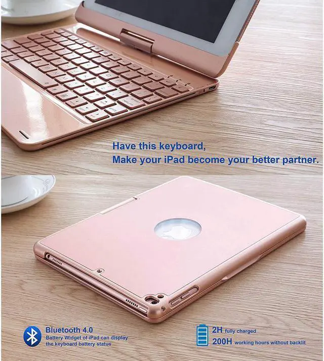 Alt view image 6 of 7 - Aluminum iPad 9.7 Keyboard Case for iPad 2018 (6th Gen) / 2017(5th Gen) / iPad Pro 9.7 / Air 2 / Air Werleo 360 Rotate 7 Color Backlit Wireless Bluetooth Keyboard Case Cover with Auto Wake / Sleep