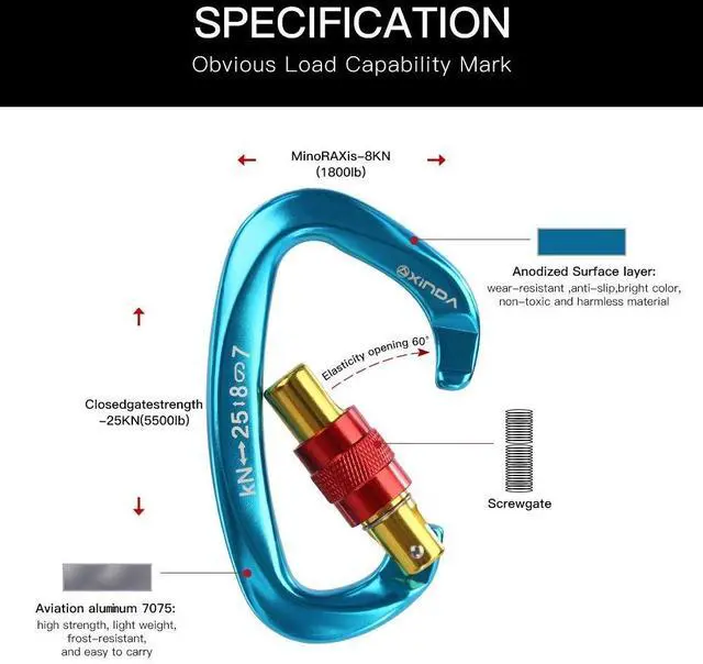 Alt view image 3 of 7 - Professional 25KN Carabiner Lock D Shape Screw Gates Climbing Rock Mountaineer Outdoor Equipment