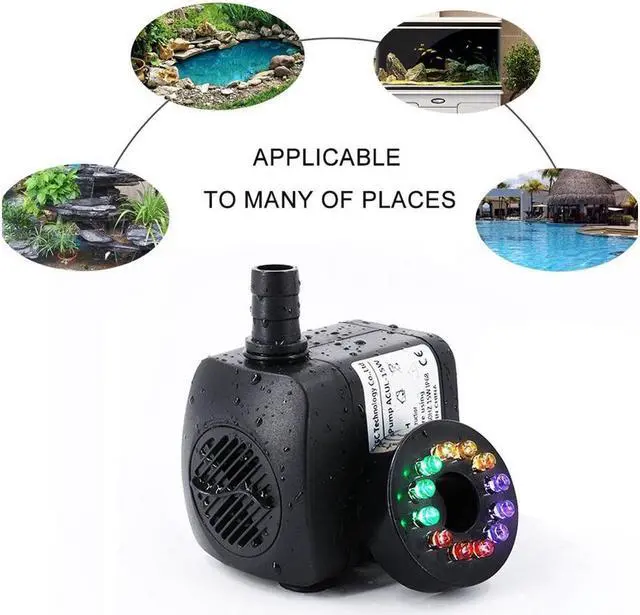 Alt view image 2 of 7 - Submersible Water Pump (15W 800L/H) with Colorful LED Light for Indoor Fountain, Pool, Garden, Pond, Fish Tank, Aquarium, Hydroponic, Statuary