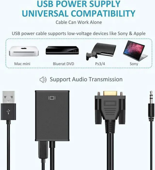 Alt view image 2 of 6 - VGA To HDMI Output Adapter 1080P HD GA Male to HDMI Female Audio Video Cable Converter Adapter With Audio Support For TV AV HDTV - Includes Free USB Cable