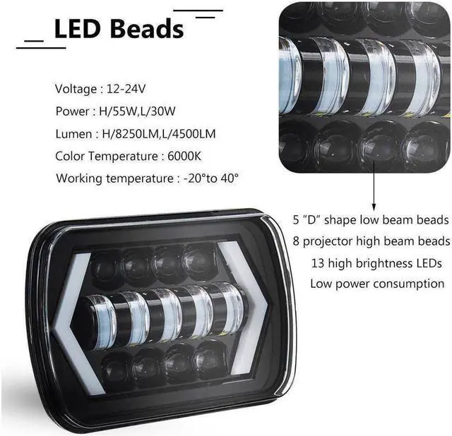 Alt view image 4 of 7 - 2pcs LED Projector Headlight Hi-Lo Beam Halo DRL For Jeep Cherokee XJ 7x6'' 5X7"