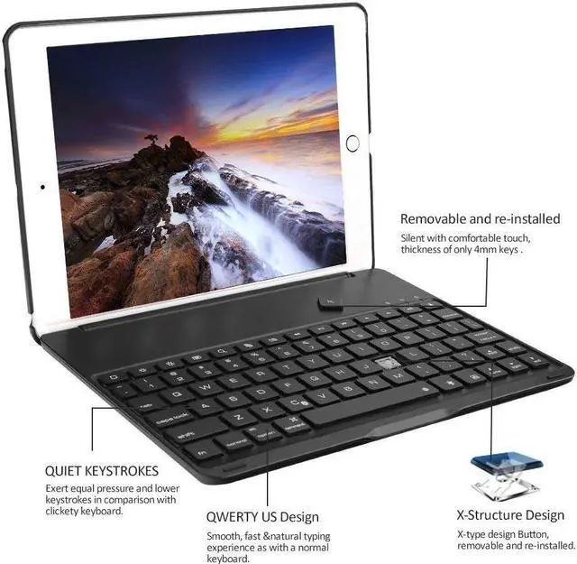 Alt view image 6 of 7 - New iPad 9.7 Keyboard 2017 2018 Case Protective Folio Utra Slim Hard Shell Light Weight Stand Smart Cover with Backlit Bluetooth Keyboard for iPad 6th Generation / iPad 5th Generation / iPad Air