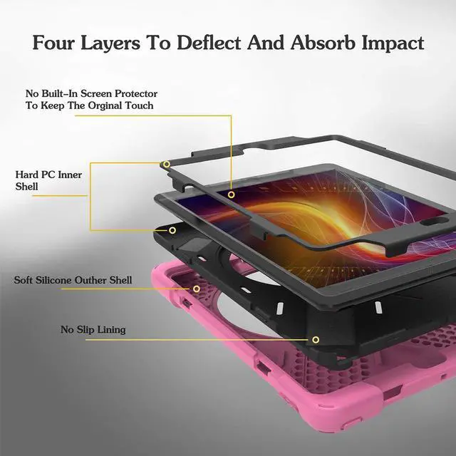 Alt view image 4 of 7 - New iPad 9.7 2017 2018 Case,360 Degree Rotatable with Kickstand,Hand Strap and Shoulder Strap case, 3 Layer Hybrid Heavy Duty Shockproof case for iPad 9.7 5th/6th Generation