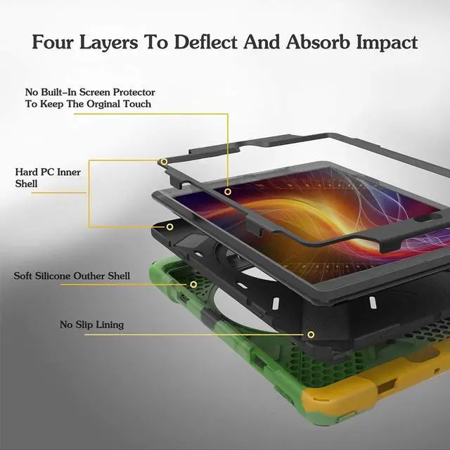 Alt view image 3 of 7 - New iPad 9.7 2017 2018 Case,360 Degree Rotatable with Kickstand,Hand Strap and Shoulder Strap case, 3 Layer Hybrid Heavy Duty Shockproof case for iPad 9.7 5th/6th Generation
